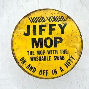 Vintage Liquid Veneer Jiffy Mop Yellow Tin On And Off In A Jiffy Rare